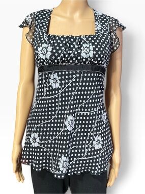 Studio Y Black & White Polka Dot Floral Square-Neck Tunic Top